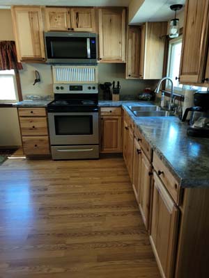 kitchen, wood floor, stainless steel appliances